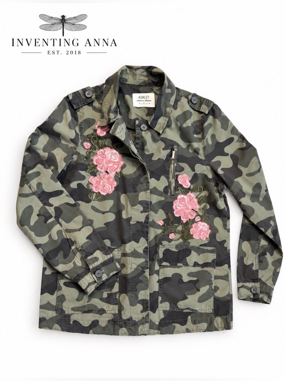 Ashley Camo Utility Jacket Pink Floral Embroidery Military Style size L